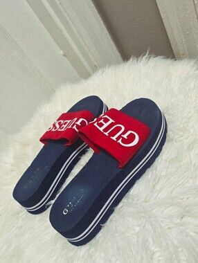 Guess Platform Slide Sandals Red Strap, White Logo and a Navy Blue Sole Size 6.5
